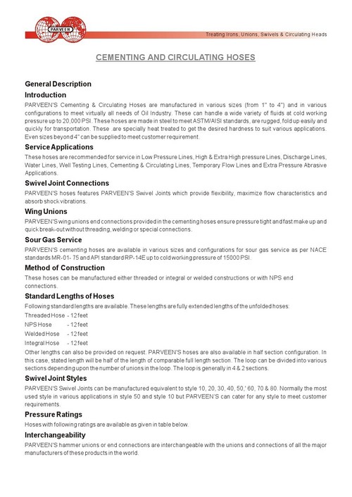 CEMENTING AND CIRCULATING HOSES