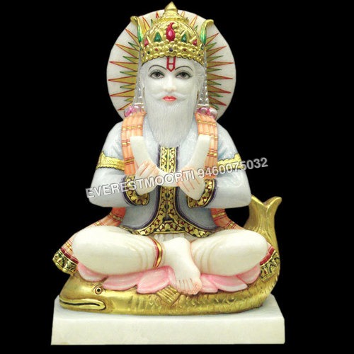 Jhulelal - Marble & Crystal, 12-18 Inches, White | Intricate Carving, Polished Finish, Seated Style