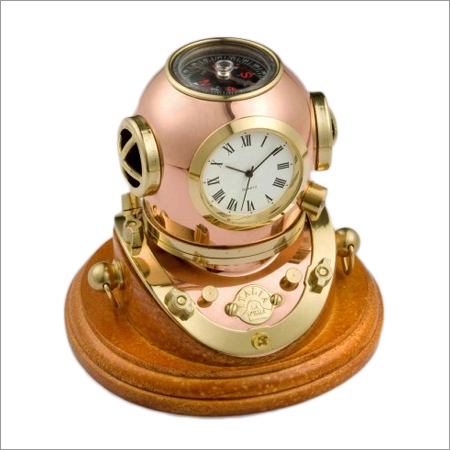 Copper Divers Helmet With Clock On Wooden Base