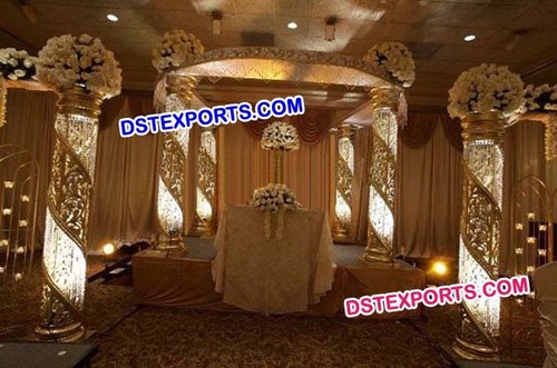 Fiber Crystal Six Pillar Mandap Set - Fiberglass, Gold, Variable Size, Internal Lighting | Easy Assembly, Lightweight, Elegant Design