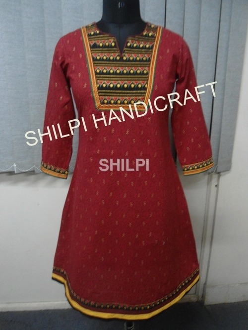 Gold Print Kurta - Cotton, Standard Size, Red Color | Light in Weight, Quick Dry, Washable, Embroidery Yoke and Sleeve Details