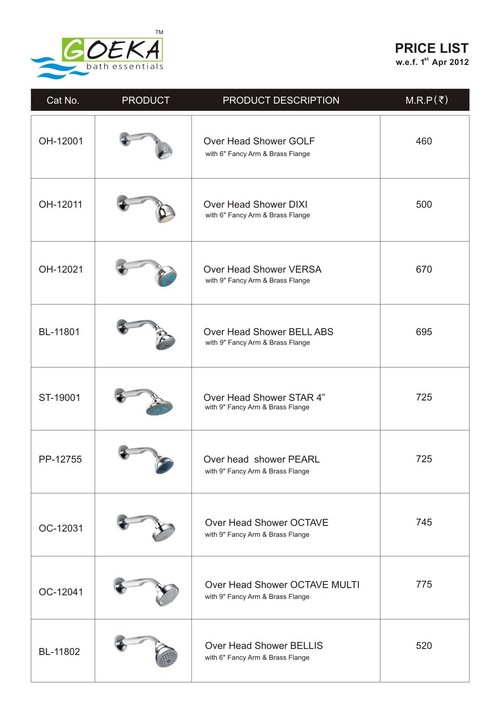 PRICE LIST - Metal & Plastic, Chrome Finish, Adjustable Flow Rate | Stylish Design, Easy Installation, High Pressure, Durable