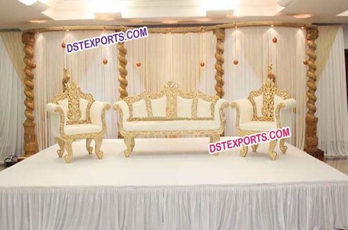 Beautiful Wedding Stage Furniture Sofa Set - Hand-Carved Wood, Gold Plated, Off-White, Cushioned Leather Seating, Royal Look