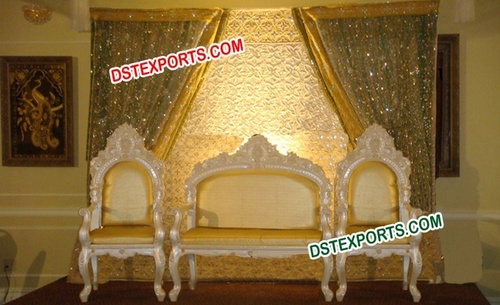 Asian Wedding Pearl Gold Sofa Set - Treated Wood, Gold Plated, Leather Cushioned | Hand Carved, Elegant Design, Royal Look, Deco Painted Finish