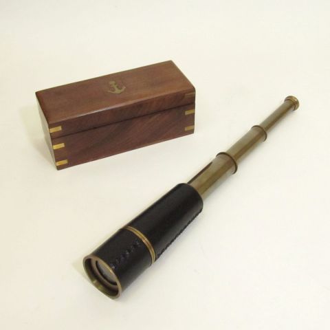 3 Fold Antique Brass Telescope With Wooden Box
