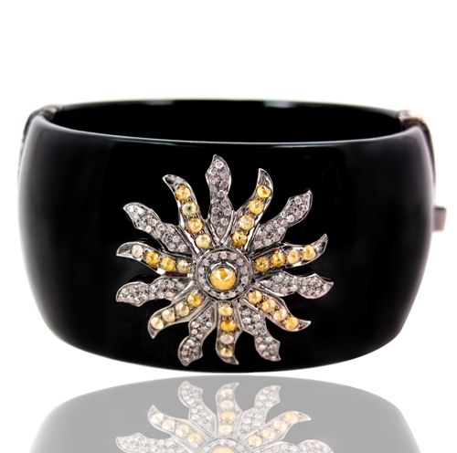 Pave Diamond Designer Silver Bakelite Bangle