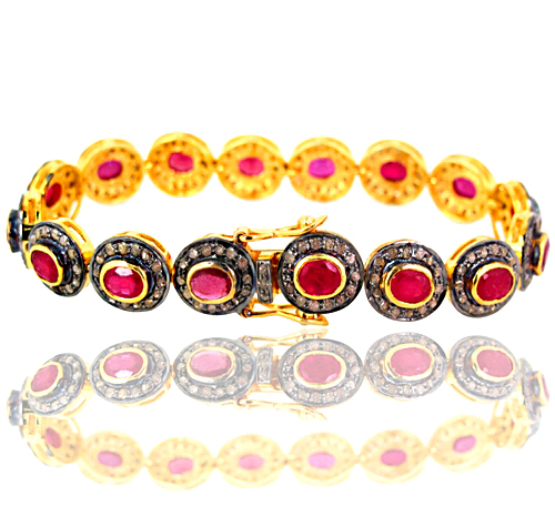 Ruby Gemstone Pave Diamond Silver Link Bracelet