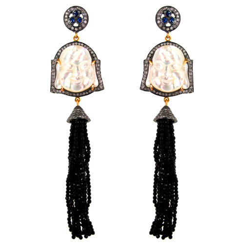 Buddha Carving Gemstone Beads Tassel Earrings