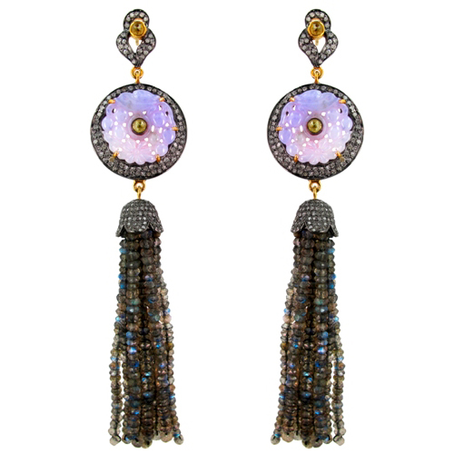 Gemstone Carved Labradorite Beads Tassel Earrings