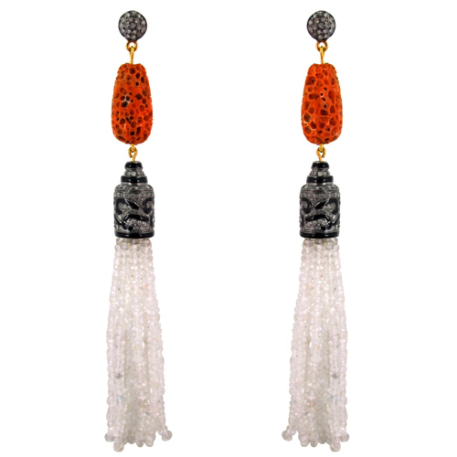 Coral Carving Gemstone Beaded Tassel Earrings