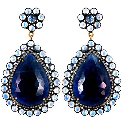 Diamond Pave Gemstone Gold Drop Earrings - 14k Gold, Sterling Silver, Blue Sapphire & Moonstone, 0.86 Ct Diamonds, 50.01 Ct Stones, Elegant Design