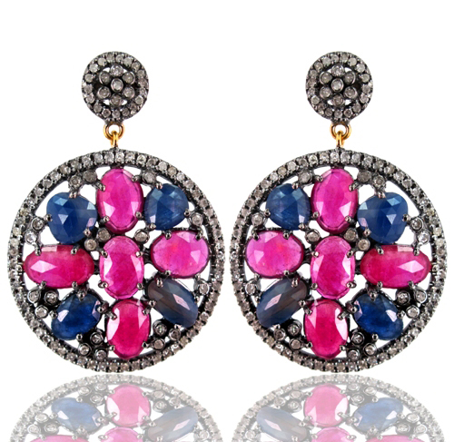 Diamond Multi Sapphire Gemstone 14k Gold Earrings - 14k Gold, 15.98 Gms, Pink Sapphire, 2.2 Ct Diamonds | Elegant Design, Gemstone Accents, Fine Craftsmanship