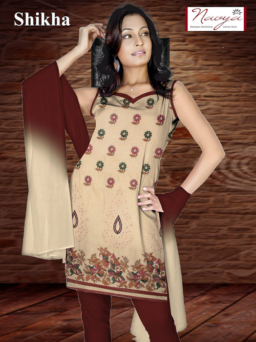 FANCY PUNJABI SUITS - Cotton, 44 Inch, Beige | Handcrafted Embroidery, Sleeveless, Straight Cut, Comfortable Fit