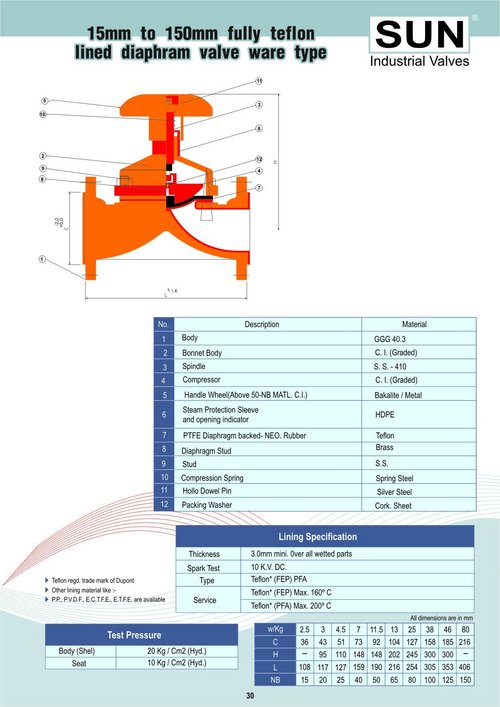 15 mm to 150 mm diaphram valve