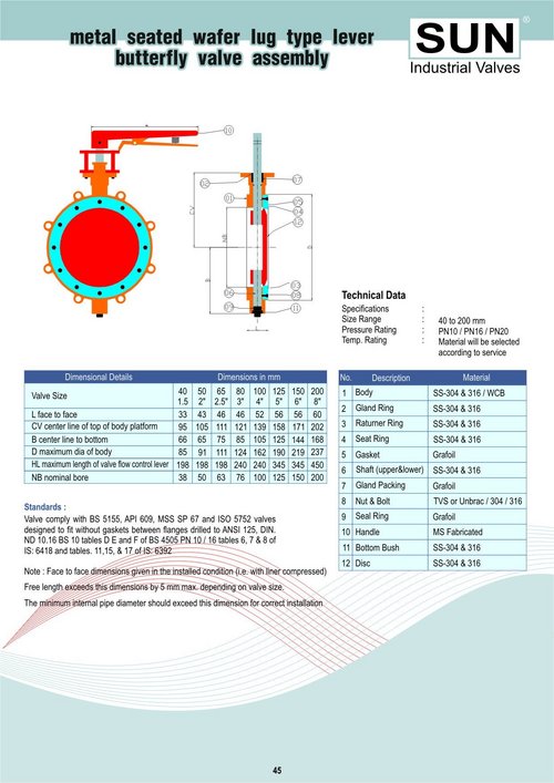metal seated wafer lug type lever butterfly valve