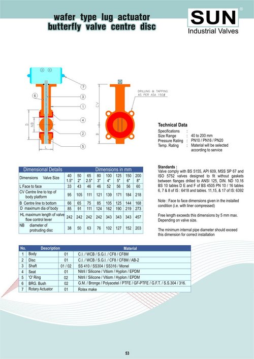 wafer type lug actuator butterfly valve