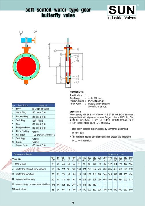 soft seated wafer type gear butterfly valve
