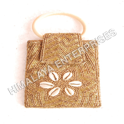Beaded Mobile Holder - Polyester Silk, 7.5x4 Inches, Beige Color, Handmade Design with One Side Embroidery