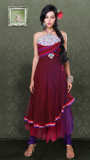 Anarkali Salwar Kameez - Net Fabric, Burgundy, Custom Size | Embroidered, Elegant Design, Floor Length, Party Wear