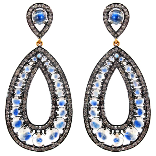 Gemstone Pave Diamond Gold Dangle Earrings