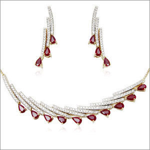 Drop Cut Ruby Gemstone Diamond Necklace Set