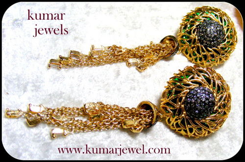 Chandelier Golden Earrings - Gold Plated Alloy 70-80 mm Gold with Green Enamel Lightweight Elegant Design