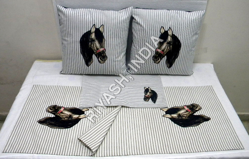 HORSE  Theme Appliqued  Table Cover  Set - Mat, Runner & Cushion
