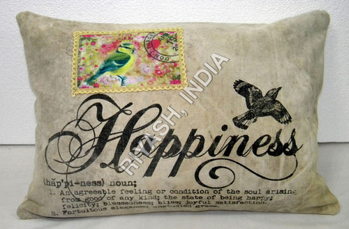 Happiness - Wordart Stamped Cotton Cushion Cover - Recycled Fabric - 35 x 50 Cm Rect.
