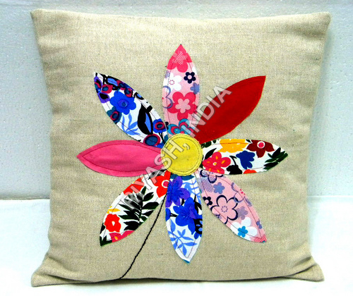 Floral Patch Cotton Cushion Cover - Cotton, 20x20 Inch, Beige | Decorative, Handmade, Stylish, Durable