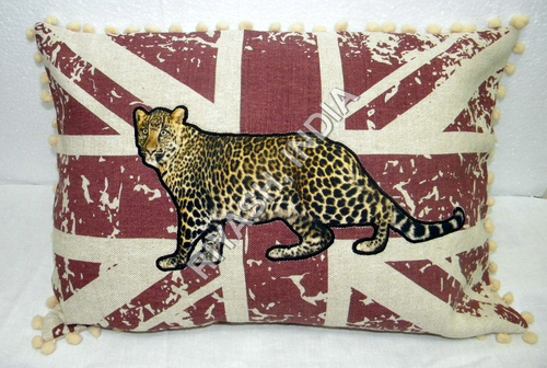 Union Jack Printed Cushion Cover - Jute-Cotton Blend 16x16 Inches Burgundy, Leopard Appliqued, Zipper Closure, Pompom Frill, Vintage Look