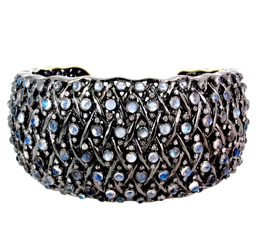 Gold Silver Moonstone Diamond Cuff Bracelet 