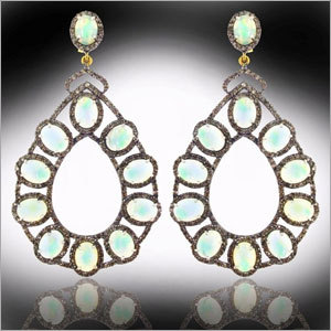 Gemstone Opal Silver Pave Diamond Earrings