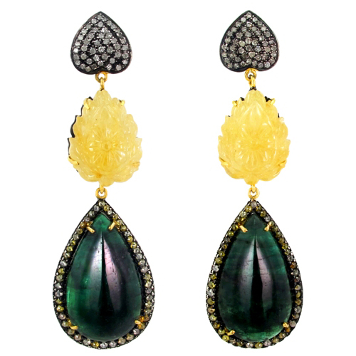 Emerald Sapphire Carving Gemstone Earrings - 14k Gold/Sterling Silver, 130.9 Cts Stones, 3.81 Cts Diamonds | Elegant Design, Handcrafted, Lustrous Finish