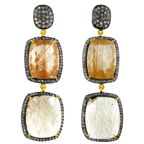 Rutile Quartz Gemstone Gold Dangle Earrings