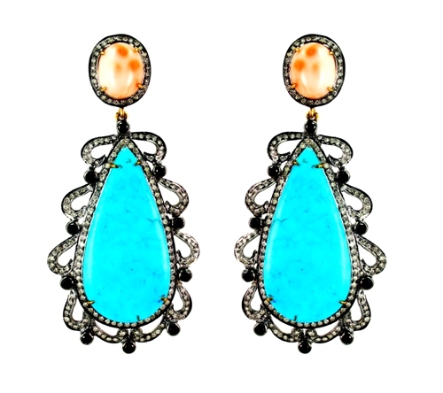 Turquoise and Coral Gemstone Dangle Earrings