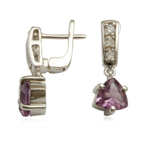 Pave Setting Cz Trillion Amethyst Loop Earrings Long Hanging Drop Sterling Silver Gemstone Drop Gender: Women