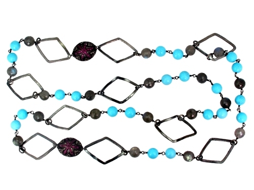 Pave Diamond Silver Beads Gemstone Necklace - Sterling Silver, 123cts Turquoise/Labradorite/Ruby, 1.20cts Diamond, 51.65gms, Elegant Design