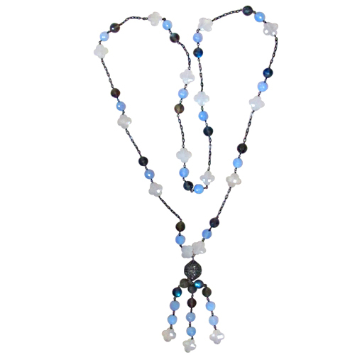 Silver Aquamarine Moonstone Beads Diamond Necklace