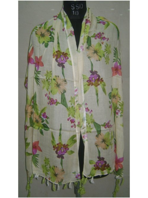 Stole - Viscose, 70x180 cm, Off-white | Lightweight, Floral Print, Durable Material, Comfortable Feel, Elegant Design, Stylish Accessory, Fringes