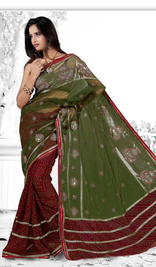 Red Olive Green Bandhani Georgette Festival Saree