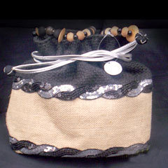 Jute Satchel Bags (WE-018) - Jute, 10x12 inches, Beige | Drawstring Closure, Wooden Bead Handle, Lightweight, Handmade, Sequins Detail