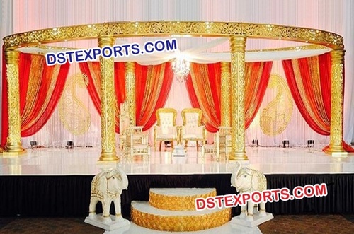 Wedding Six Pillar Golden Jali Mandap - Fiberglass, Lightweight, Weatherproof, LED Lighting, Easy Assembly
