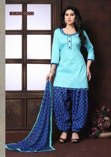 New Fancy Cotton Salwar Kamiz - Glace Cotton Top, Cotton Bottom, Chiffon Dupatta | Sky Blue Color, Customized Size Upto 42", Unstitched Design with Thread Embroidery