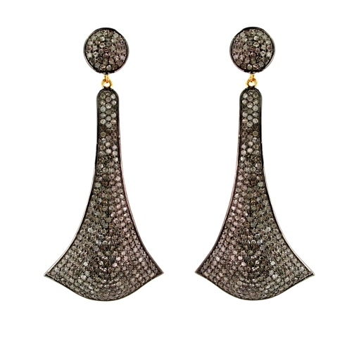 Pave Diamond Gold Silver Dangle Earrings - Sterling Silver/14k Gold, 69x31 mm | Elegant Design, Pave Setting, 7.29 CTS Diamond