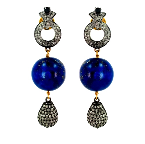 Lapis Gemstone Pave Diamond Dangle Earrings