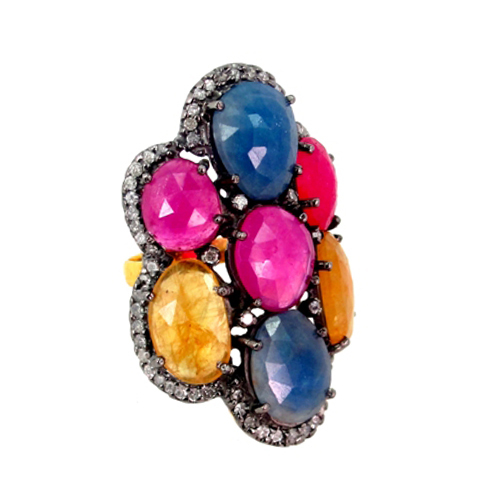 14k Gold and Sterling Silver Multi Sapphire and Diamond Fashion Ring - 20.67 Cts Color Stones, 0.91 Cts Diamonds, Elegant Design