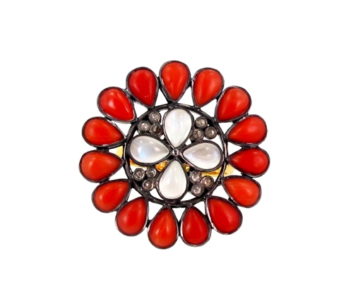 Coral Moonstone 14k Gold Diamond Ring