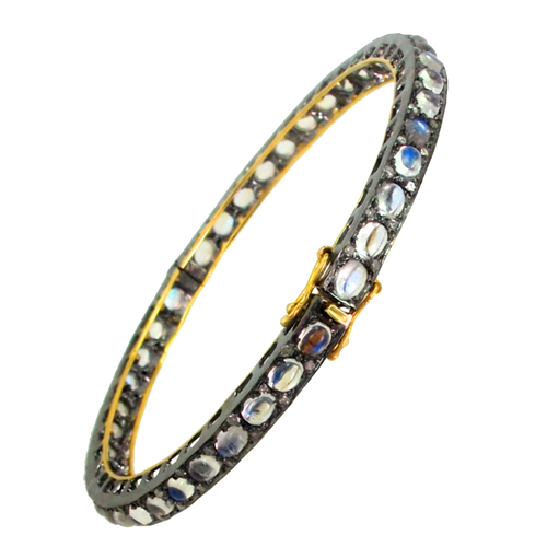 Rainbow Moon Stone Silver Gold Gemstone Bangle