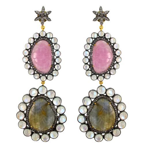 Diamond Multi Sapphire Gemstone Long Earrings - 14k Gold Sterling Silver, 41.88g, 2.46ct Diamonds, Multi Sapphire, Dangle Style