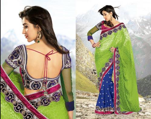 Embroidery Sarees - Silk Blend, 5.5 Meters, Green | Hand & Machine Zardozi Aari Work, Elegant Design, Wedding Ready